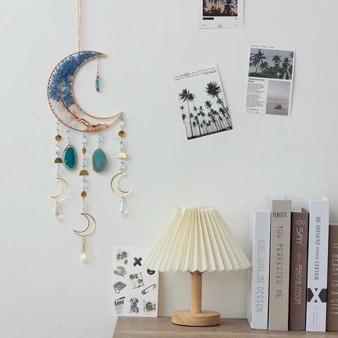 Agate Moon Tree Of Life Dreamcatcher Hanging Decor With Metal Frame Crushed Stones And Crystal Prism For Home Wall Art