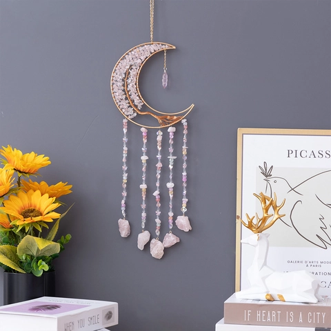 Mond Traumfänger Lebensbaum Wandbehang Rosenquarz Rosa Kristallsteine Handgefertigt Böhmische Heilung Home Decor