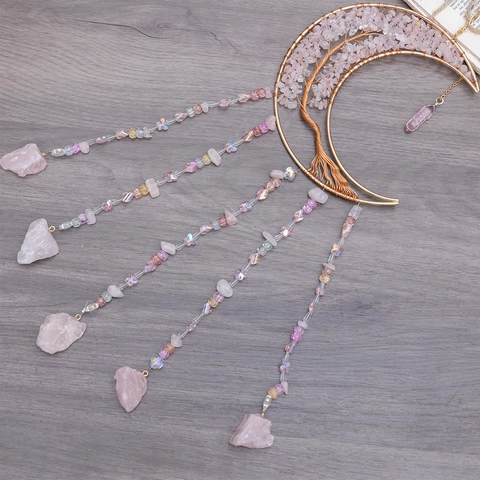 Mond Traumfänger Lebensbaum Wandbehang Rosenquarz Rosa Kristallsteine Handgefertigt Böhmische Heilung Home Decor