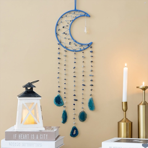 Acchiappasogni a Luna Blu Bohemien Decorazione da Parete Con Fette di Agata Naturale e Pietre Frantumate Ornamento Casa