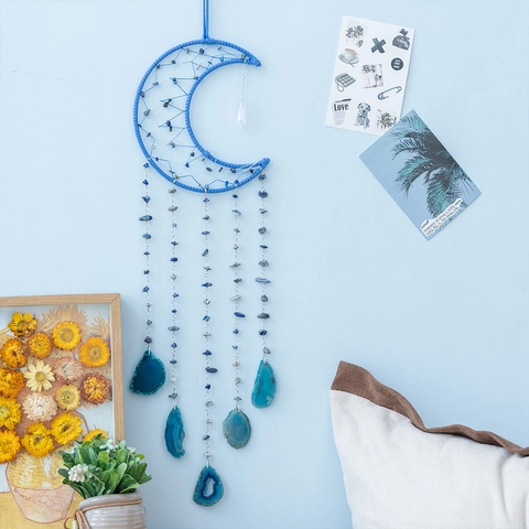 Acchiappasogni a Luna Blu Bohemien Decorazione da Parete Con Fette di Agata Naturale e Pietre Frantumate Ornamento Casa