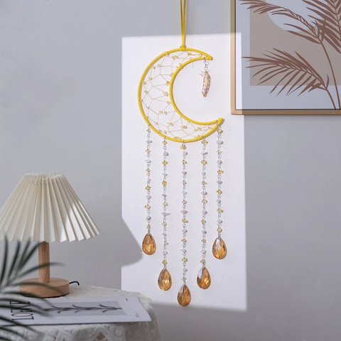 Handmade Bohemian Yellow Moon Dream Catcher With Agate Slices And Crystal Waterdrop Pendants Home Wall Hanging Decoration
