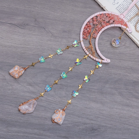 Bohemian Moon Dream Catcher Tree of Life Wall Hanging Decor With Raw Stone Crystals Tassels Handmade Home Bedroom Ornament Wind Chime Gift