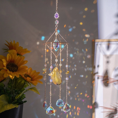 Metal Frame Crystal Suncatcher Natural Agate Slice Faceted Prism Rainbow Maker Window Garden Home Decor Hanging Ornament
