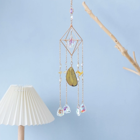 Metal Frame Crystal Suncatcher Natural Agate Slice Faceted Prism Rainbow Maker Window Garden Home Decor Hanging Ornament