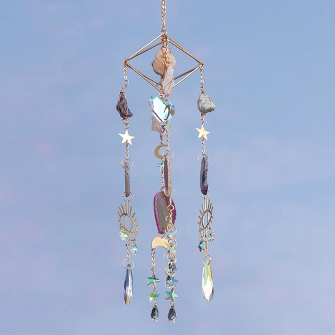 Attrape-Soleil en Cristal Bohème Avec Tranches d'Agate Lune Étoile Soleil Ornement Suspendu en Métal Doré Géométrique Décoration Maison