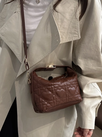 Dames PU-Leren Schoudertas Met Hartstiksels High-End Woon-werkverkeer Crossbodytas Kleine Vierkante Handtas Met Gouden Slot