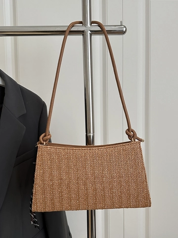 Bolso de Hombro para Mujer Estilo Francés Gran Capacidad de Paja Tejida Bolso de Axila Con Borla Y Colgante de Raqueta de Tenis
