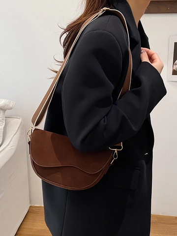 Bolso Bandolera De Silla Cuero PU Mate Gamuza Correa Ancha Solapa Ondulada Estilo Urbano Minimalista Retro Para Mujer
