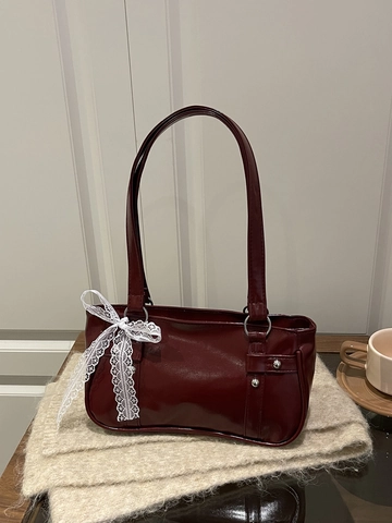 Sac Sous le Bras en Cuir PU Brillant Vintage pour Femme Avec Élégant Nœud en Dentelle Blanche Sac à Épaule de Banlieue Fourre-tout de Correspondance Quotidienne