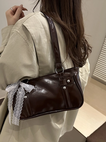 Sac Sous le Bras en Cuir PU Brillant Vintage pour Femme Avec Élégant Nœud en Dentelle Blanche Sac à Épaule de Banlieue Fourre-tout de Correspondance Quotidienne