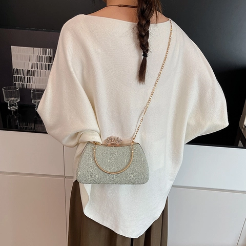 Borsa Da Sera Da Donna Con Chiusura A Corona Di Strass Trama In Pizzo Paillettes Catena In Metallo Per Eventi