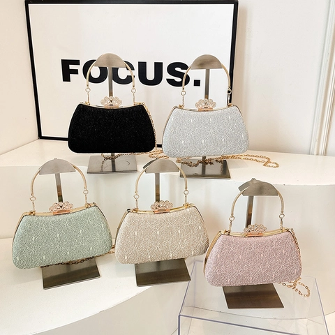 Borsa Da Sera Da Donna Con Chiusura A Corona Di Strass Trama In Pizzo Paillettes Catena In Metallo Per Eventi