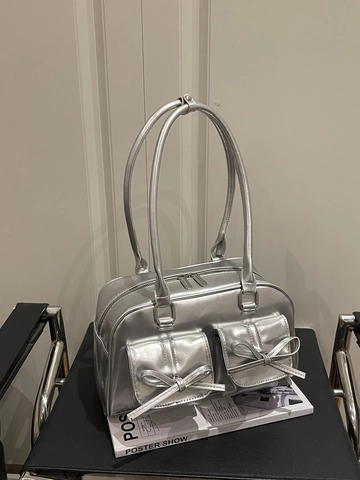 Elegante Borsa Sottoascella Balletcore con Fiocco Grande Capacità in Pelle PU Lucida Borsa a Tracolla Donna Moda Versatile