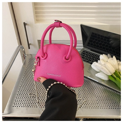 Mini Shell Crossbody Bag Litchi Pattern PU Leather Top Handle Handbag Silver Ball Chain Strap Chic For Women