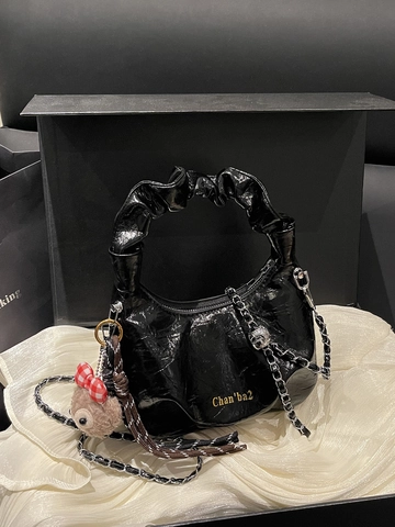 Borsa A Tracolla Donna Pelle PU Lucida Manico Increspato Catena Metallica Minimalista Borsa A Mano Retro Cloud Bag