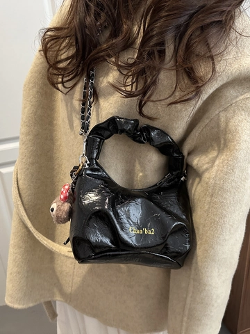 Borsa A Tracolla Donna Pelle PU Lucida Manico Increspato Catena Metallica Minimalista Borsa A Mano Retro Cloud Bag