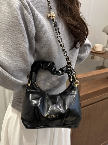 Sac À Main Femme À Poignée Plissée Similicuir Brillant Sac Bandoulière Chaîne Dorée Sac Porté Épaule Vintage Hobo
