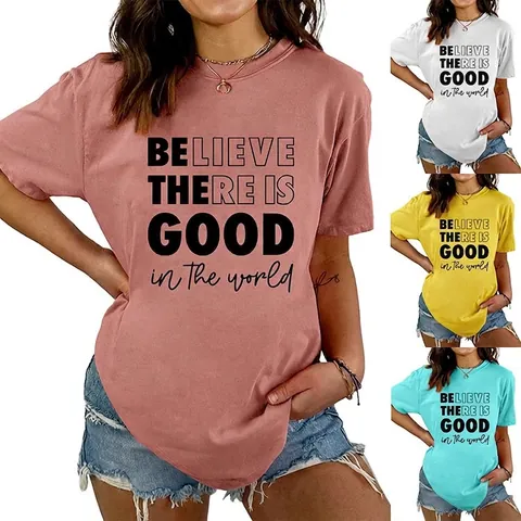 Maglietta Donna Misto Cotone Girocollo Maniche Corte Stampa Lettere Casual Slogan Top Estate Streetwear