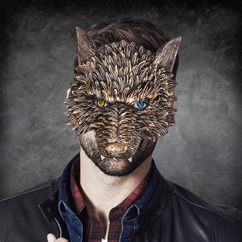 Maschera Lupo Mannaro Vintage in PU Texture Metallica Bronzo Argento Halloween Cosplay Party Puntello Costume Maschera