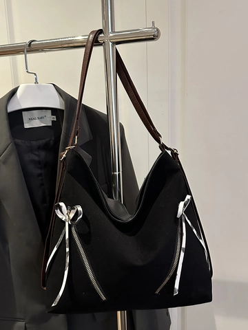 Women Large Capacity Hobo Bag PU Leather Bow Accent Zipper Detail Chic Commuter Shoulder Bag