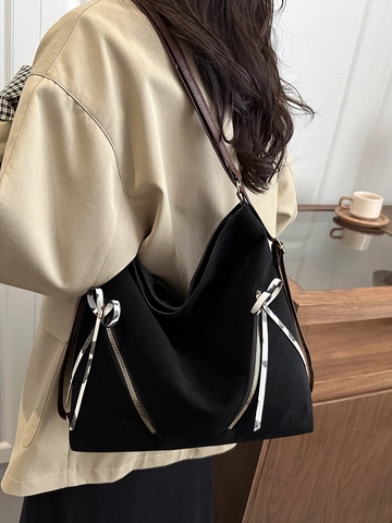 Women Large Capacity Hobo Bag PU Leather Bow Accent Zipper Detail Chic Commuter Shoulder Bag