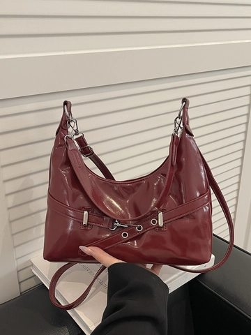 Bolso de Axila Hobo de Cuero PU Brillante para Mujer Bolso de Hombro Vintage Color Sólido Con Hebilla de Cinturón Decorativa