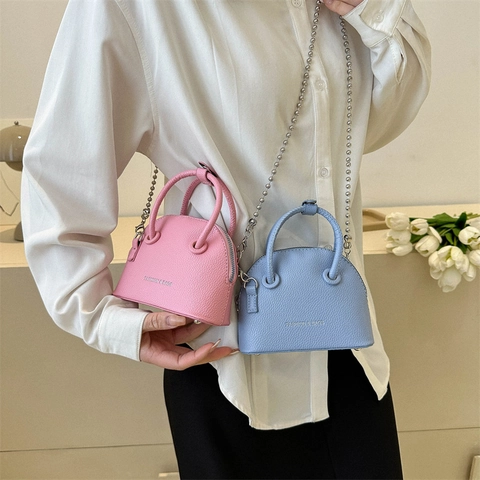 Women Fashion PU Leather Litchi Pattern Mini Shell Bag Top Handle Chain Crossbody Shoulder Bag Small Purse Korean Style