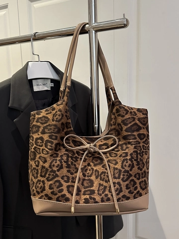 Leopard Print Shoulder Bag PU Leather Velvet Large Capacity Tote Handbag With Bowknot For Women Daily Work Commute