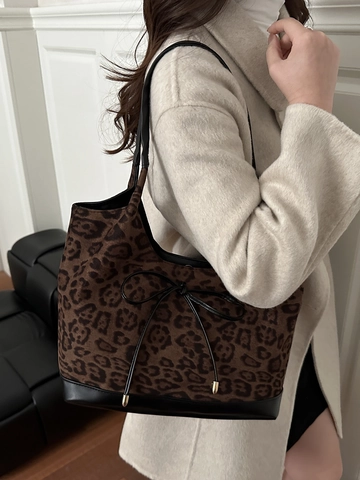 Leopard Print Shoulder Bag PU Leather Velvet Large Capacity Tote Handbag With Bowknot For Women Daily Work Commute