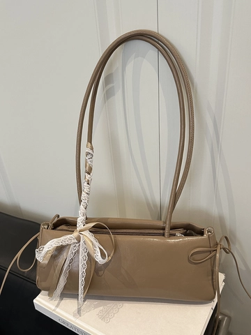 Women Lace Bow Baguette Shoulder Bag Elegant PU Leather Underarm Bag French Vintage Ribbon Decoration Solid Color Handbag