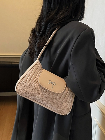 Krokodilmuster Damen Unterarmtasche Kunstleder Schleife Dekor Schulter Umhängetasche Minimalistisch Koreanischer Stil Elegante Handtasche