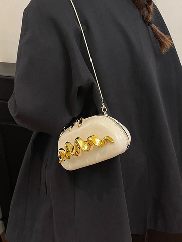 Bolso de Noche de Moda para Mujer Con Decoración Metálica Ondulada Mini Bolso Bandolera Cuero PU Cadena Dorada Fiesta