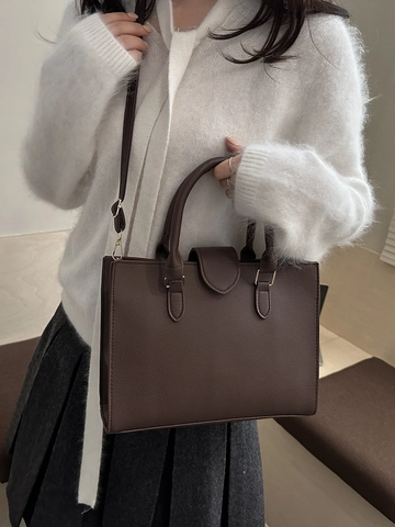 Women Tote Handbag PU Leather Litchi Pattern Top Handle Detachable Shoulder Strap Commuter Crossbody Bag Solid Color
