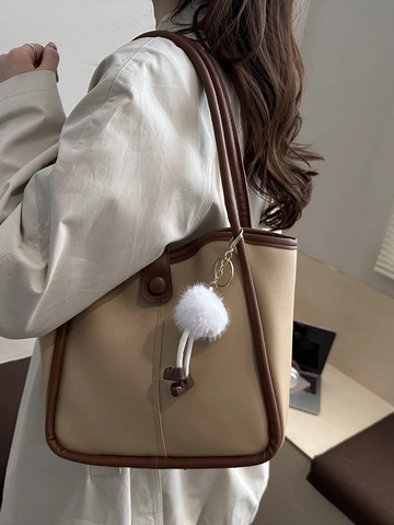 Minimalist PU Leather Tote Bag For Women Large Capacity Shoulder Bag With Plush Monster Pendant Contrast Color Commute Handbag