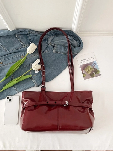 Women Large Capacity Tote Bag Glossy PU Leather Vintage Buckle Decor Underarm Shoulder Bag For Daily Commuter Street Style