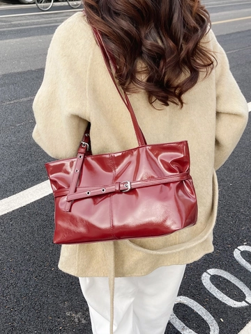 Women Large Capacity Tote Bag Glossy PU Leather Vintage Buckle Decor Underarm Shoulder Bag For Daily Commuter Street Style