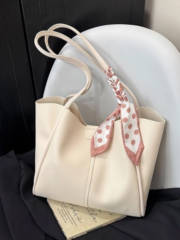 Large Capacity PU Leather Tote Bag Women Work Shoulder Handbag With Scarf Decoration And Removable Inner Pouch