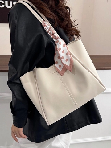 Large Capacity PU Leather Tote Bag Women Work Shoulder Handbag With Scarf Decoration And Removable Inner Pouch