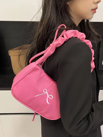 Borsa A Spalla Sottobraccio In Nylon Da Donna Stile Coreano Ricamo Fiocco Tracolla Arricciata Piccola Borsa
