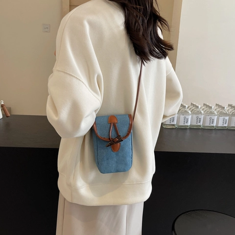 Retro Denim Umhängetasche Damen Kleine Quadratische Schultertasche PU Lederbesatz Knebelschließe Lässig Mode Handytasche