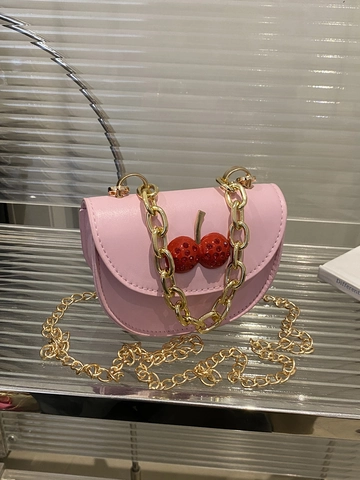 Bolso de Hombro de Cuero PU para Mujer Bolso de Mano Pequeño Cuadrado Minimalista con Decoración de Cereza y Cadena de Oro