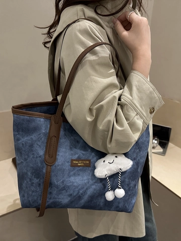 Γυναικεία Τσάντα Tote Μεγάλης Χωρητικότητας Υφή Ντένιμ Καμβάς PU Patchwork Τσάντα Ώμου Casual Handbag Με Κρεμαστό Σύννεφο