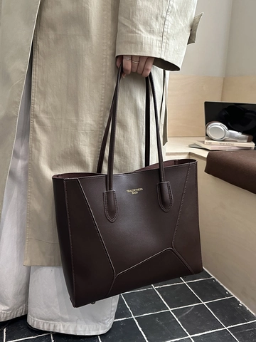 Minimalistische PU Leder Tote Bag Damen Große Kapazität Geometrische Nähte Retro Schulterhandtasche Pendler Tasche