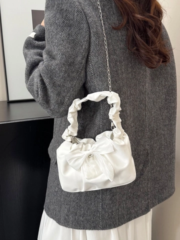 Women's Retro PU Leather Bow Shoulder Bag Sweet Pleated Handle Handbag With Metal Chain Fashion Crossbody Bag For Daily Party