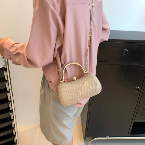 Luxury Women Evening Bag PU Leather Glitter Clutch With Rhinestone Lock Metal Handle Chain Crossbody Bag For Wedding Party