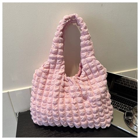 Women Large Capacity Popcorn Texture Tote Bag Nylon Pleated Shoulder Bag Casual Bubble Fabric Handbag For Daily Shopping