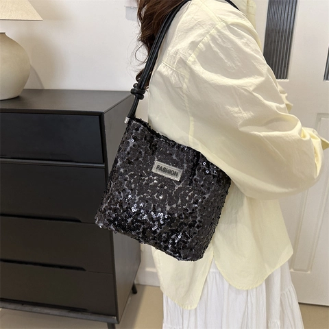 Sac à Épaule Hobo à Paillettes pour Femmes Grande Capacité Sac Seau avec Étiquette Fashion pour Quotidien Fête