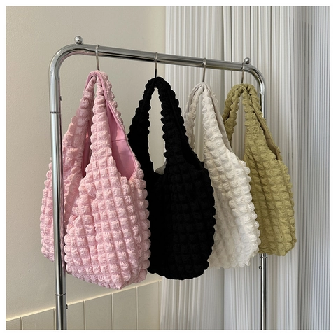 Women Large Capacity Popcorn Texture Tote Bag Nylon Pleated Shoulder Bag Casual Bubble Fabric Handbag For Daily Shopping