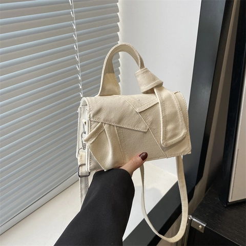 Piccola Borsa Quadrata in Tela Minimalista Con Manico Annodato Cuciture a Contrasto Patchwork Tracolla a Spalla per Donna